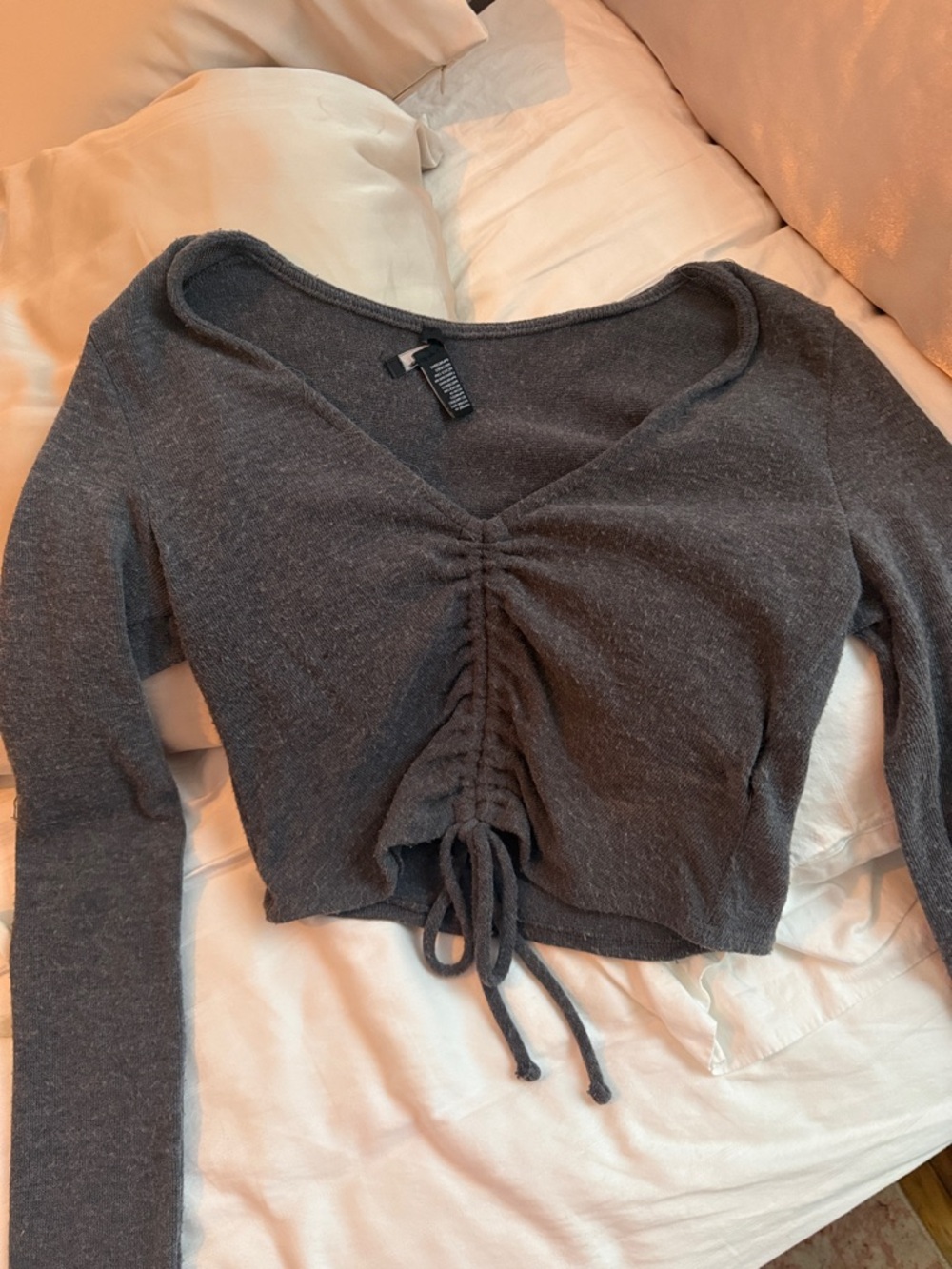 Forever 21 Charcoal Drawstring Ruched V-Neck Crop Top